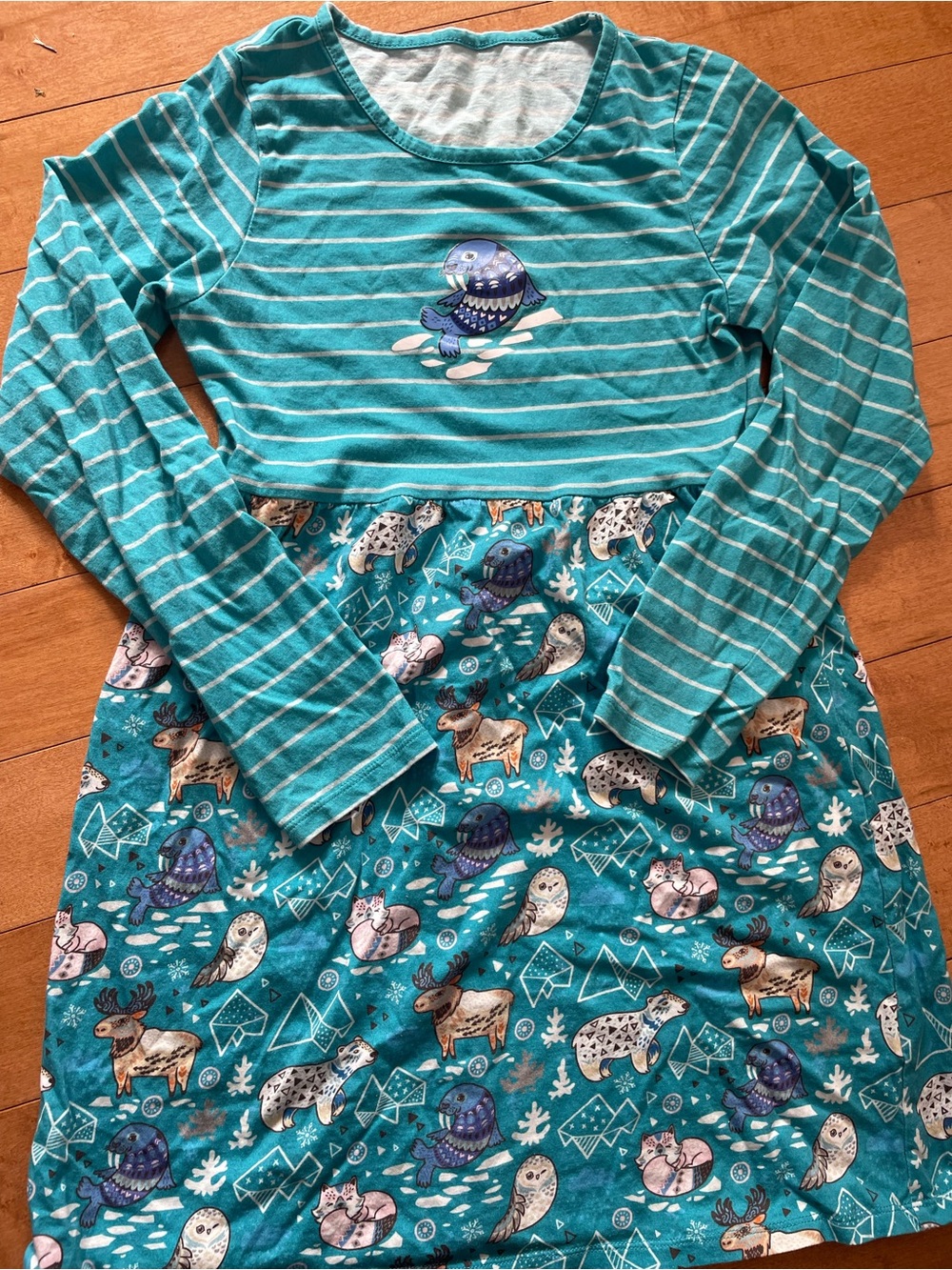 MapleLea Kids Teal Striped & Animal Print Long Sleeve Pajama Dress Medium